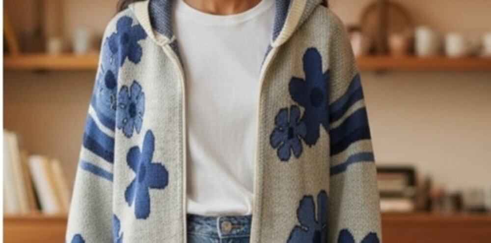 Witty Fox Womens XL Floral Knit Cropped Hoodie Cardigan Jacket Blue Jacquard